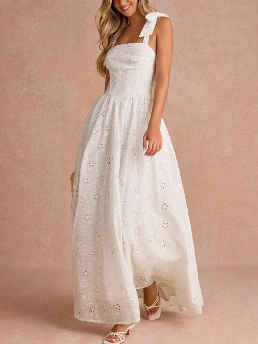White Elegant Women's Romantic Square Neck Embroidered Maxi Dress - Picture 3 of 6